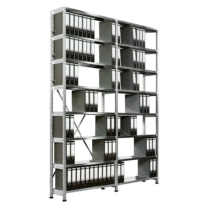 Scholz Aktenregal Grundelement - H x B x T: 264 x 105 x 30 cm, Traglast pro Boden: 80 kg, Anzahl Böden: 8 Stk., Stecken, Silber - Silbernes Metallregal mit mehreren Regalböden, gefüllt mit Aktenordnern.