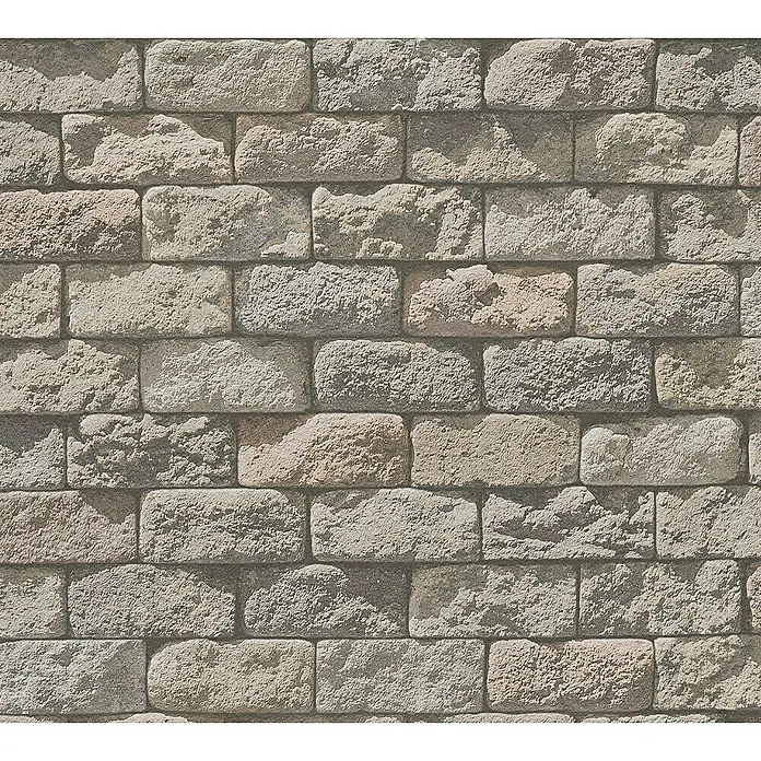A.S. Création Il Decoro Papiertapete Stein I - Grau/Braun, Steinoptik, 10,05 x 0,53 m - Nahaufnahme einer Mauer aus dekorativen Ziegelsteinen in Grau- und Brauntönen, die eine rustikale und strukturierte Oberfläche zeigen.