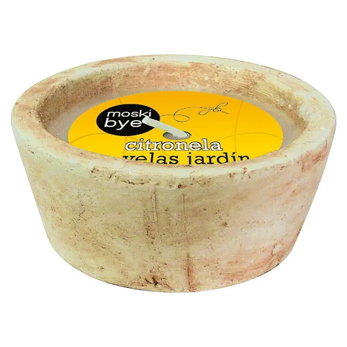 Flower Vela de citronela en vaso de piedra - Amarillo, Citronela - Vela de jardín de citronela Moski Bye en un macetero rústico y terroso. Ideal para mantener alejados a los mosquitos y crear un ambiente acogedor.