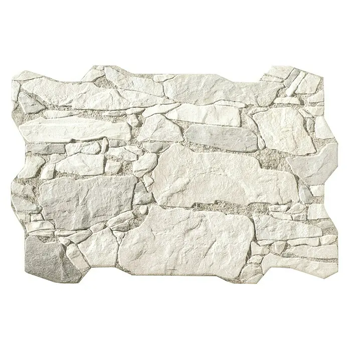 Revestimiento de pared Wall Rock - 40 x 60 cm, Blanco, Mate - Primer plano de un panel de pared decorativo con aspecto de piedra natural en tonos de blanco y gris para interiores elegantes.