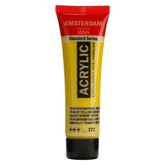 Talens Amsterdam Pintura acrílica Standard - Amarillo transparente medio, 20 ml, Tubo - Imagen de un tubo de pintura acrílica Amsterdam, Serie Estándar, en Amarillo Transparente Medio, ideal para proyectos artísticos.