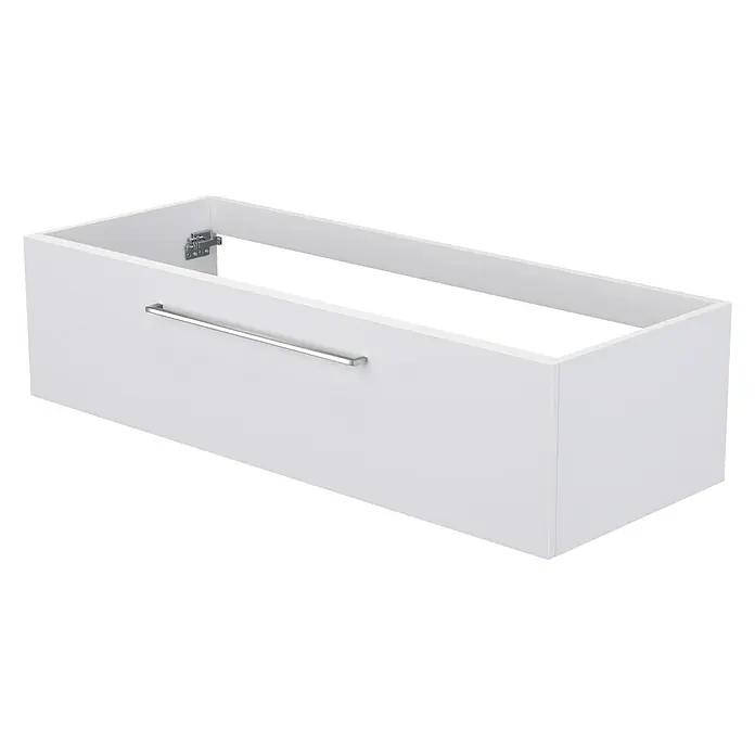 Camargue Espacio Waschtischunterschrank - 120 x 46 x 30 cm, Mira - Ein weißer Waschtischunterschrank mit einem silbernen Griff. Der Schrank hat eine offene Oberseite und ist auf einem schwarzen Hintergrund.