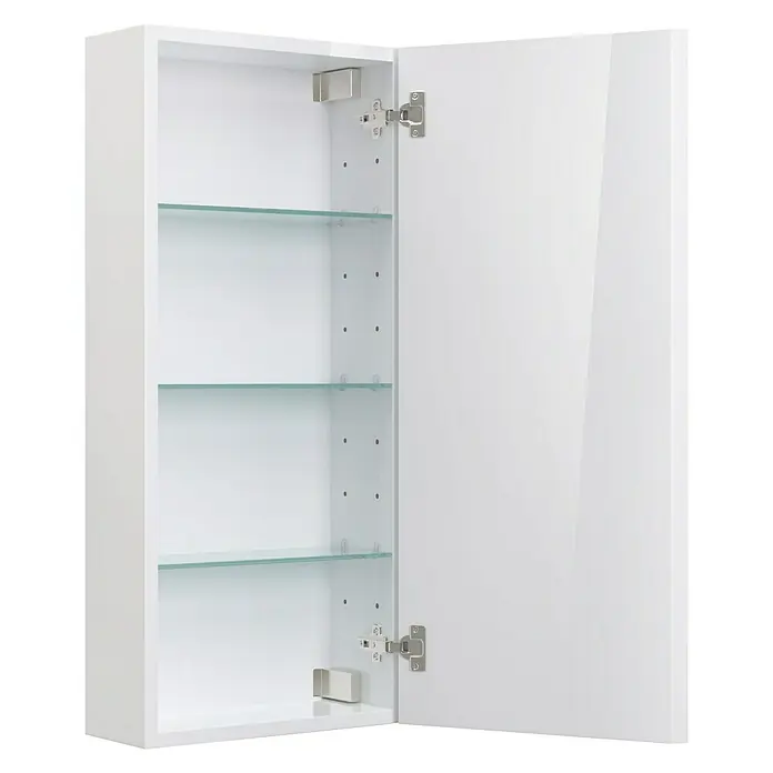 Camargue Espacio Hängeschrank - 40 x 17 x 90 cm, Gama weiß glänzend - Dieser strahlend weiße Spiegelschrank mit Glasböden bietet eleganten Stauraum für Ihr Badezimmer. Die offene Tür zeigt das Innere des Schranks.