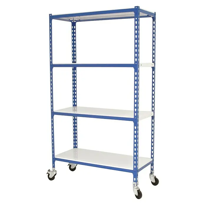 Simonrack Simonclick Estantería metálica Mobile Plus - Al x An x Pr: 150 x 100 x 50 cm, Número de baldas: 4 ud., Inserción, Azul - En la imagen, se ve una estantería móvil con cuatro estantes blancos y una estructura metálica azul.
