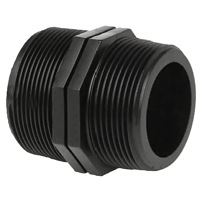 Machón doble Macho - Plástico - Racor doble roscado macho de plástico negro para conexiones seguras en sistemas de plomería.