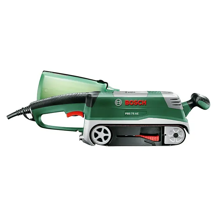 Bosch Elektro-Bandschleifmaschine PBS 75 AE - 750 W - Abbildung eines grünen Bosch PBS 75 AE Bandschleifers mit Staubabsaugung für Holzbearbeitungsarbeiten.