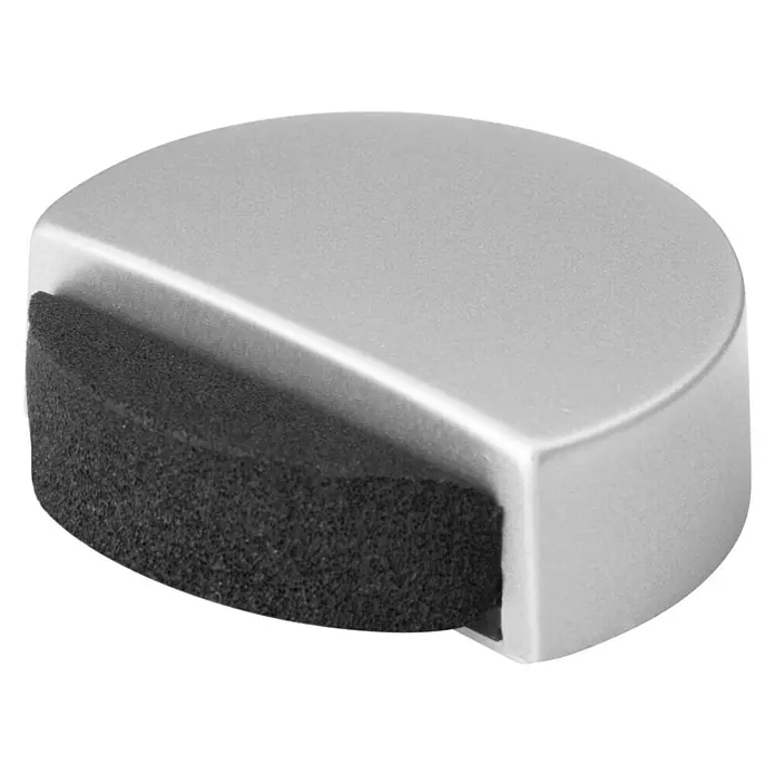 Inofix Tope de puerta 2027 - Plástico, Gris metalizado - Tope de puerta en forma de media luna con carcasa plateada e inserción de goma negra para un agarre seguro y protección.