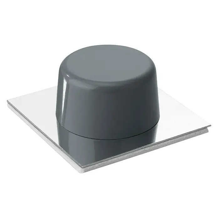 Inofix Tope de puerta 2023 - Plástico, Gris - Primer plano de un tope de puerta gris montado en el suelo con una base cuadrada plateada.