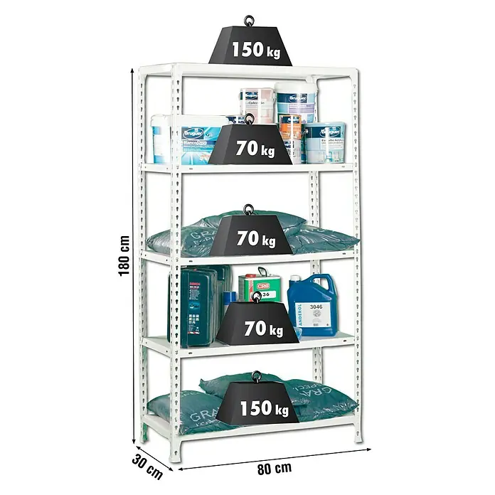 Simonrack Simonclick Estantería metálica Ecoclick Mini - Al x An x Pr: 180 x 80 x 30 cm, Capacidad de carga por balda: 70 kg, Número de baldas: 5 ud., Inserción, Blanco - Una estantería blanca de alta resistencia con cuatro estantes, cargada con varios productos y pesos.