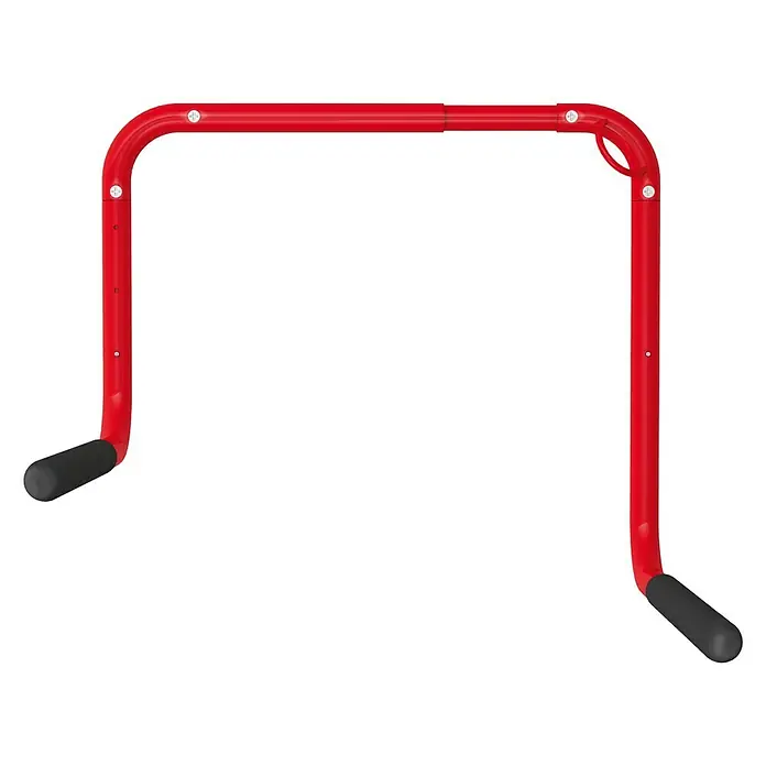 Rei Fahrrad-Wandhaken - Stahl, Rot - Nahaufnahme einer roten Trainingsstation für Dips mit gepolsterten Griffen, ideal für das Fitnessstudio zu Hause.