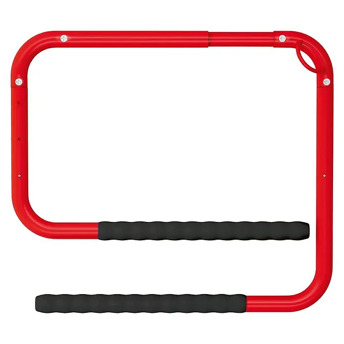 Rei Fahrrad-Wandhaken - Stahl, Rot - Nahaufnahme eines roten Rollstuhl-Zuggeräts mit zwei schwarzen Griffen, ideal für Rollstuhlfahrer, die ihre Mobilität verbessern möchten.