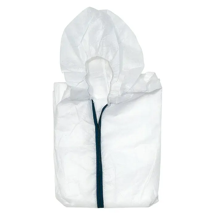 Mono desechable XXL - Trabajos de pintura, Blanco - Un buzo blanco desechable con capucha y cremallera, empaquetado y diseñado para proteger a los profesionales médicos.