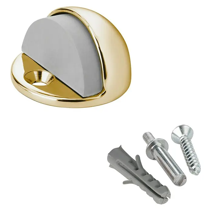 Inofix Tope de puerta 3049 - Metal, Oro - Primer plano de un tope de puerta dorado con accesorios incluidos para montaje en pared. Ideal para prevenir daños en paredes por portazos.