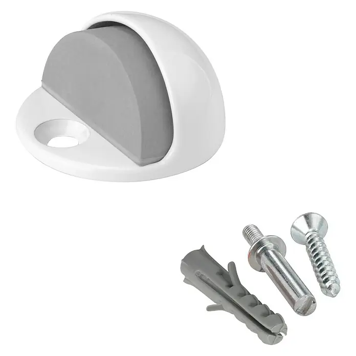 Inofix Tope de puerta 3049 - Metal, Blanco - Un tope de puerta redondo blanco con punta de goma gris, junto con tacos y tornillos para la instalación.