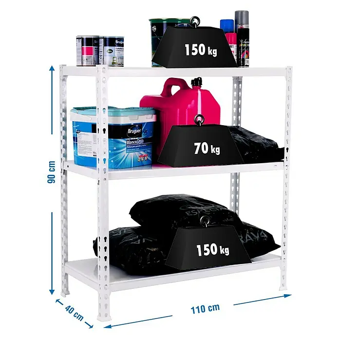 Simonrack Simonclick Estantería metálica Ecoclick Superplus - Al x An x Pr: 90 x 110 x 40 cm, Capacidad de carga por balda: 70 kg, Número de baldas: 3 ud., Inserción, Blanco - Imagen de una estantería blanca con botes de pintura, bidones y sacos de arena, cada uno etiquetado con pesos de 150 kg y 70 kg.