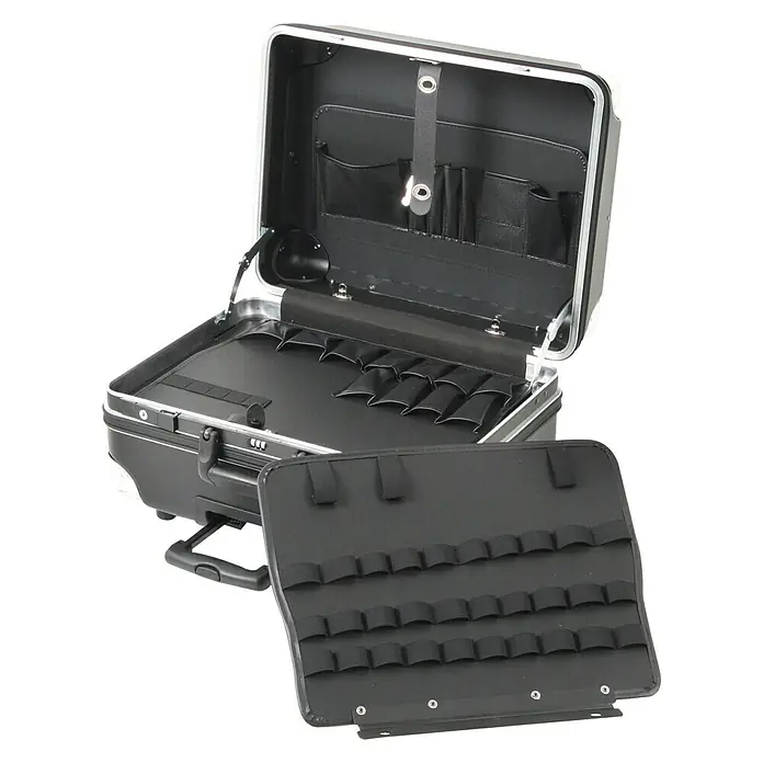 Hepco & Becker Werkzeugkoffer Robust 5765 - L x B x H: 430 x 510 x 300 mm, High Density Polyethylen (HDPE) - Geöffneter schwarzer Werkzeugkoffer mit Fächern zur Aufbewahrung von Werkzeugen und Zubehör. Ideal für Profis und Heimwerker.