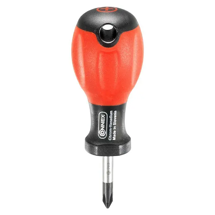 Connex Destornillador Stubby COX352041 - PH 1, Longitud de la hoja: 25 mm - Primer plano de un destornillador corto Phillips con un mango ergonómico Connex rojo y negro, fabricado en Eslovenia.