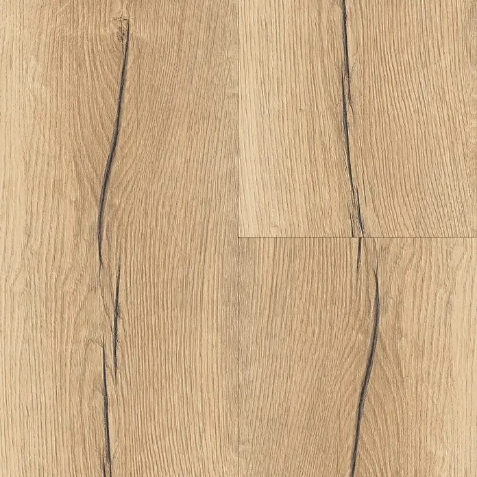 Living by Haro Laminatmuster Gran Via Eiche Italica Creme - 200 x 243 x 8 mm, Fliesenoptik - Nahaufnahme von hellem Eichenlaminatboden mit Maserung und Rissen, ideal für moderne Innenräume. Natürliche Optik für stilvolles Wohnen.