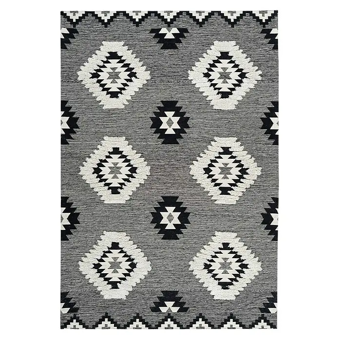 Kayoom Flachgewebeteppich Ethnie - Grau, 290 x 200 cm, 100 % Baumwolle - Teppich mit stilvollem, grafischem Muster in Schwarz und Weiß für eine moderne Raumgestaltung.