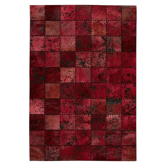 Kayoom Lederteppich Viola - Rot, 290 x 200 cm, 100 % Echtleder - Roter Teppich mit quadratischem Patchwork-Design und dunklen Akzenten für ein stilvolles Ambiente.