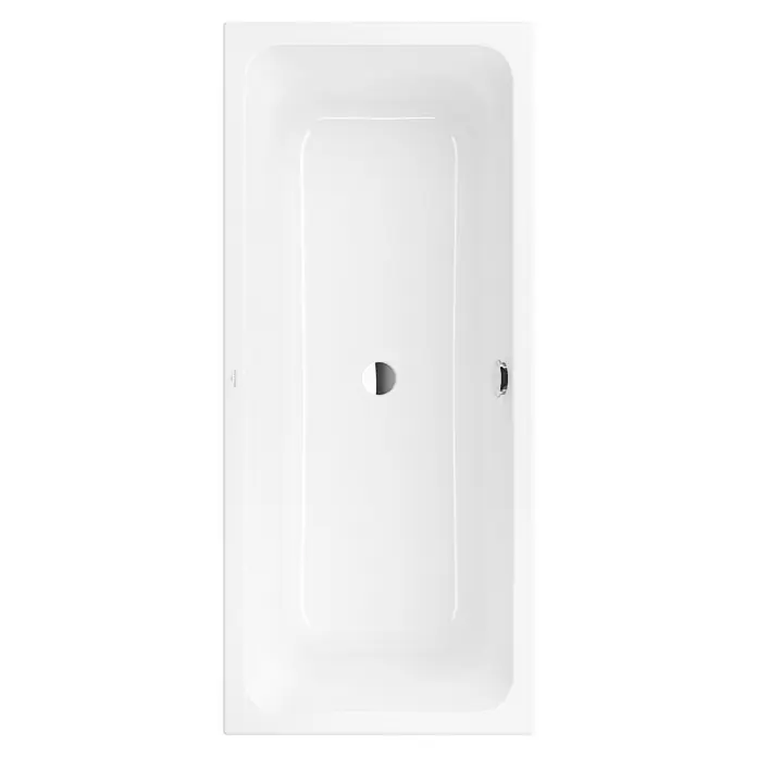 Villeroy & Boch Avento Badewanne - 160 x 70 cm, Sanitäracryl, Weiß - Das Bild zeigt eine rechteckige, weiße Badewanne von Villeroy & Boch von oben, mit Abfluss und Überlauf. Ideal für Ihr Badezimmer.