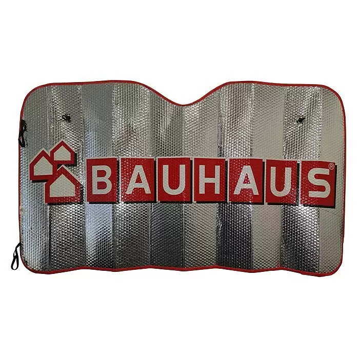 BAUHAUS Parasol para el coche - 130 x 70 cm, Específico para: Turismos - Parasol plateado reflectante para coche con borde rojo, logotipo 'BAUHAUS' rojo e iconos de casas.