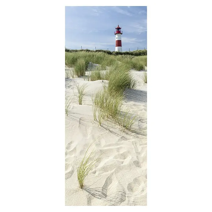 SanDesign Alu-Verbundplatte - 100 x 250 cm, Leuchtturm - Der Leuchtturm von Kampen, Sylt, steht auf einer Düne, umgeben von Strandhafer, und leuchtet mit roter und weißer Farbe weithin sichtbar.