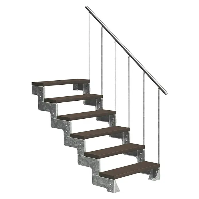 Dolle Außentreppe Gardentop - Trimaxstufen, Dunkelbraun, Feuerverzinkte Geländerstäbe, Breite: 80 cm, Anzahl Stufen: 6 Stk., Geschosshöhe: 108 cm - 132 cm - Das Bild zeigt eine Außentreppe mit Metallrahmen und Holzstufen mit einem Geländer aus Edelstahl für einen sicheren Aufstieg.