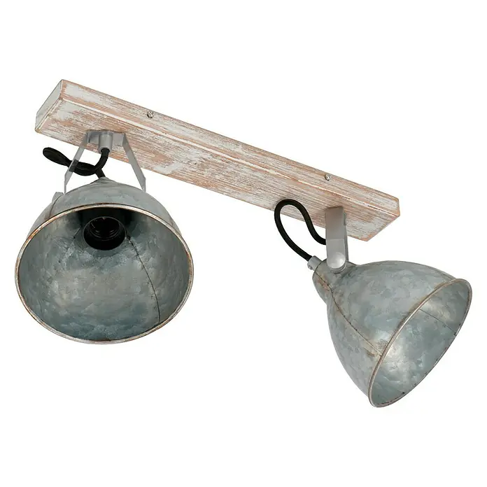 Tween Light Foglio Deckenstrahler - 40 W, L x B x H: 44 x 19 x 21 cm, Silber, E27, Anzahl Leuchtmittel: 2 Stk. - Holz-Deckenleuchte mit zwei verzinkten Metallscheinwerfern, ideal für den industriellen Stil. Die Spotlights sind verstellbar, um Licht gezielt zu lenken.