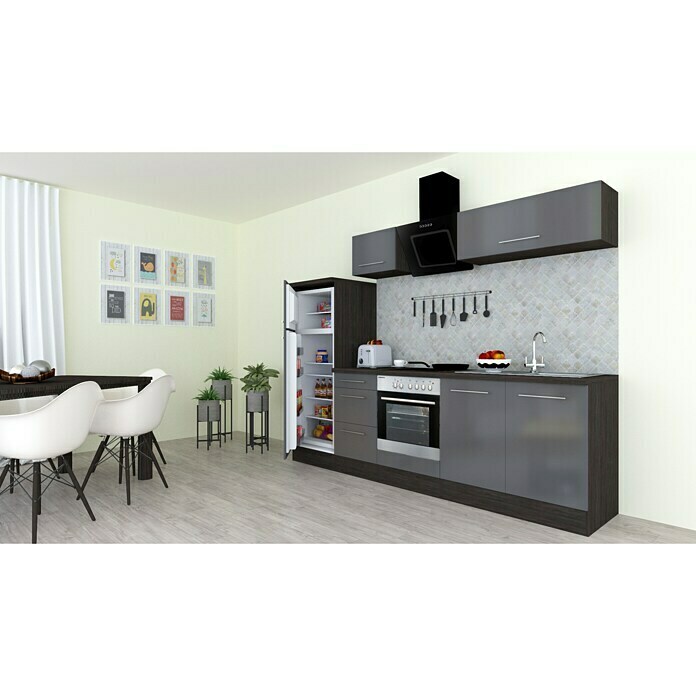 Respekta Premium Composición de cocina (Ancho: 270 cm, Con dispositivos eléctricos, Gris de alto brillo)