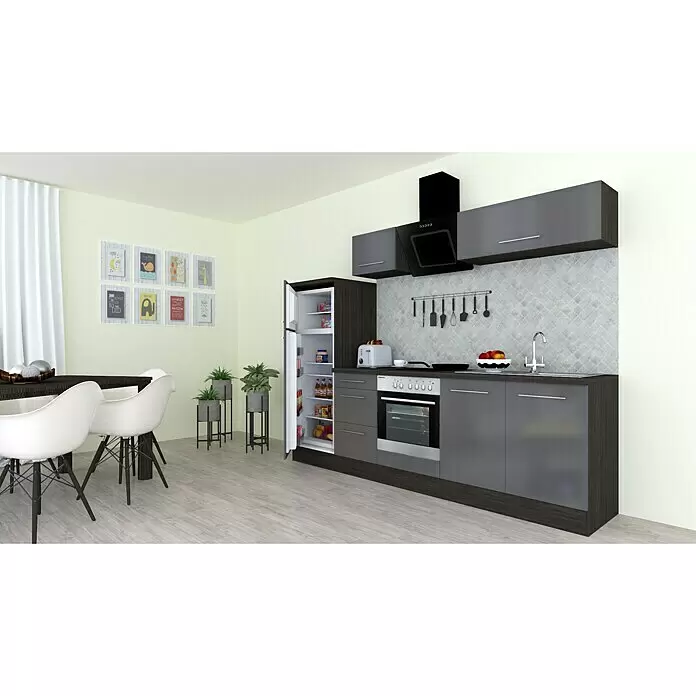 Respekta Premium Composición de cocina Amanda Alto - Ancho: 270 cm, Roble/Gris, Con electrodomésticos - Cocina moderna con gabinetes gris oscuro y efecto madera, electrodomésticos integrados y área de comedor adyacente.