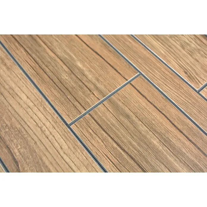Selbstklebemosaik SAM 4GV56WBS - 30 x 30 cm, Braun, Matt - Nahaufnahme von Holzfliesen mit grauem Fugenmörtel, die ein modernes und elegantes Bodendesign zeigen. Perfekt für stilvolle Innenräume.