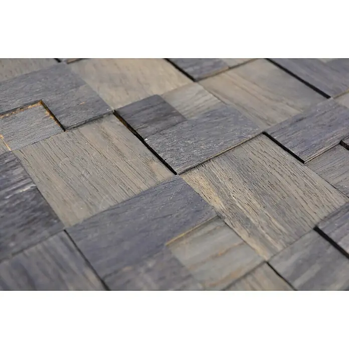 Selbstklebemosaik Wood SWM MC11B - 30 x 30 cm, Anthrazit, Matt - Nahaufnahme einer Holzwandverkleidung mit dunkelgrauen, quadratischen Holzstücken, die ein modernes und stilvolles Design zeigt.