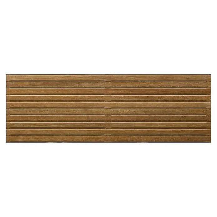 Wandfliese Spa Cuero Dekor - 30 x 90 cm, Braun, Matt - Nahaufnahme eines horizontalen Mosaiks mit Holzstruktur. Die Anordnung zeigt ein geordnetes, paralleles Muster.