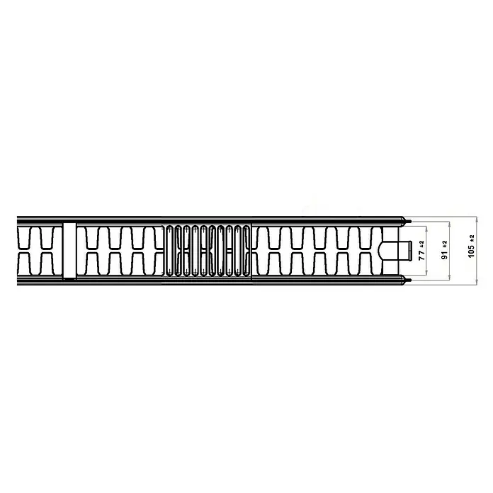 Flachheizkörper - B x H: 1.000 x 300 mm, Wärmeleistung bei Vorlauftemperatur von 75 °C (D: 50): 933 W, Typ Heizkörper: 22 - Schemazeichnung eines Kühlkörpers mit Maßangaben.