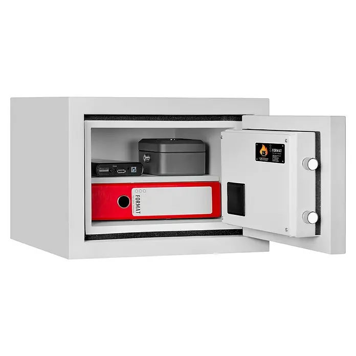 Format Feuerschutztresor Fire Safe Light - L x B x H: 33,5 x 46 x 45,2 cm, Elektronisches Zahlenschloss, 20 l - Ein Tresor mit offenem Safe, der einen roten Ordner, ein schwarzes Gerät und eine graue Box zeigt.