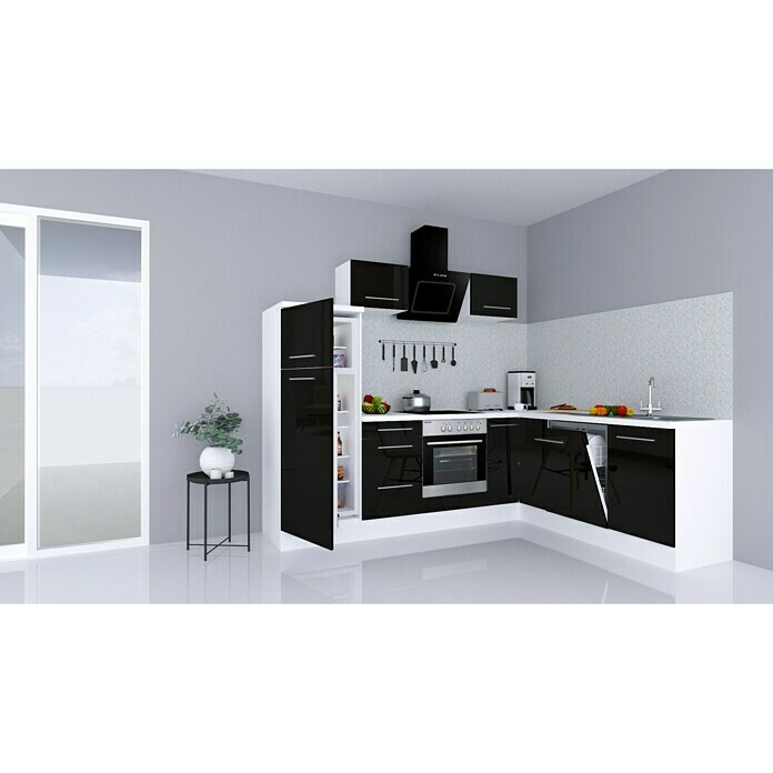 Respekta Premium Cocina esquinera (Ancho: 260 cm, Con dispositivos eléctricos, Negro de alto brillo)
