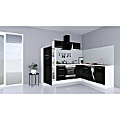 Respekta Premium Cocina esquinera (Ancho: 260 cm, Con dispositivos eléctricos, Negro de alto brillo)