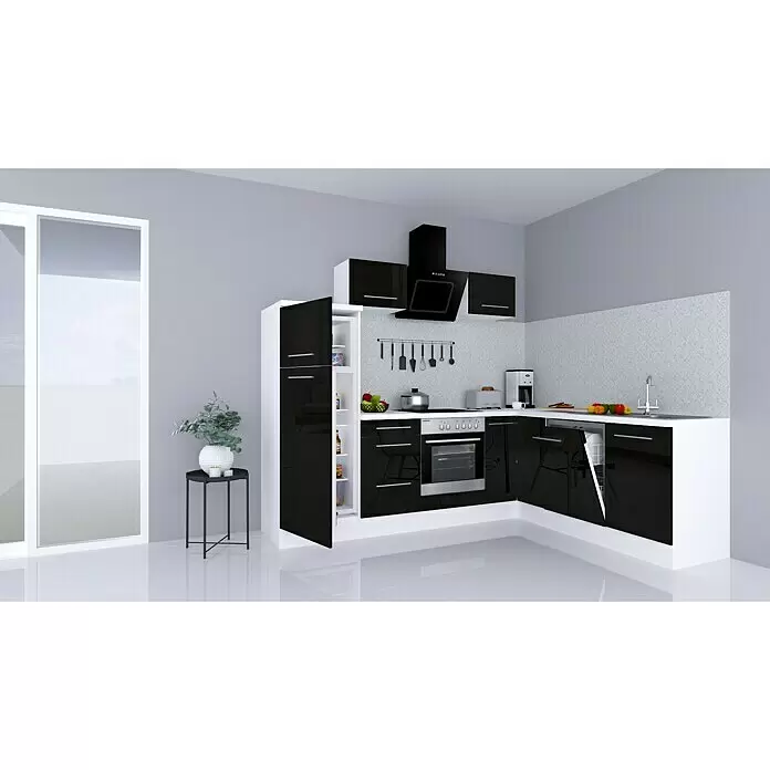Respekta Premium Cocina esquinera Amanda - An x Pr: 260 x 60 cm, Blanco/Negro, Con electrodomésticos - Moderna cocina en L blanca y negra con electrodomésticos integrados: nevera, horno, vitrocerámica y fregadero.