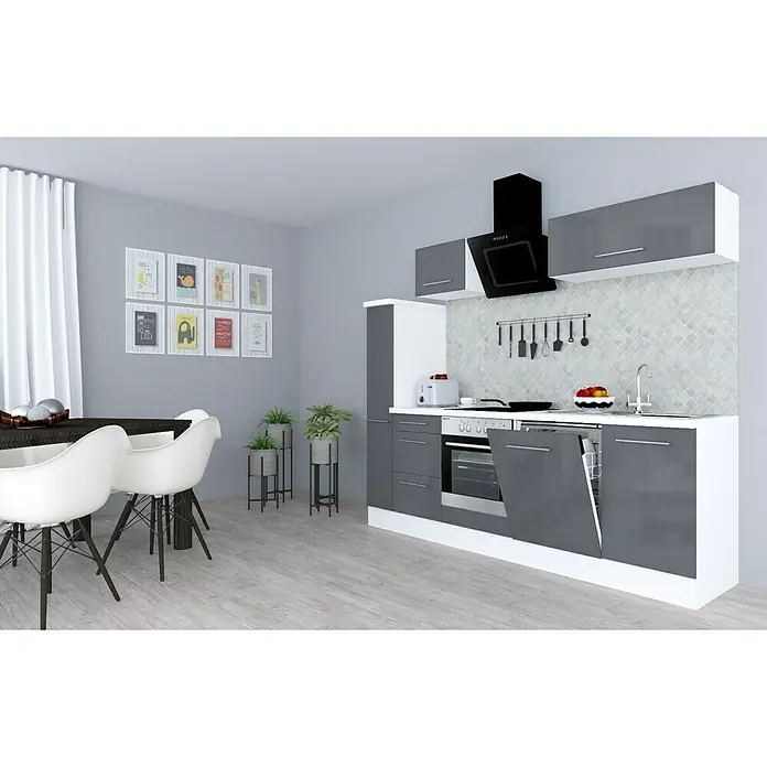 Respekta Premium Küchenzeile RP250WGCBO - Breite: 250 cm, Grau, Mit Elektrogeräten - Küchenansicht mit grauen Schränken, weißen Arbeitsplatten und modernen Geräten, die eine stilvolle und funktionale Raumlösung zeigen.