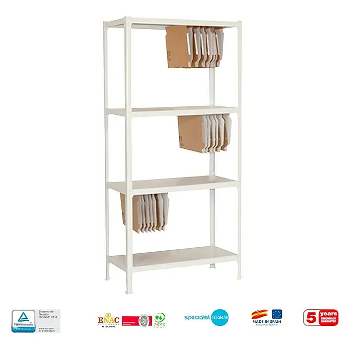 Simonrack Simonhome Estantería metálica Fileclick Mini - Al x An x Pr: 160 x 80 x 36 cm, Número de baldas: 4 ud., Inserción, Blanco - Una estantería blanca con cuatro estantes llenos de carpetas colgantes, ideal para oficina o almacén.