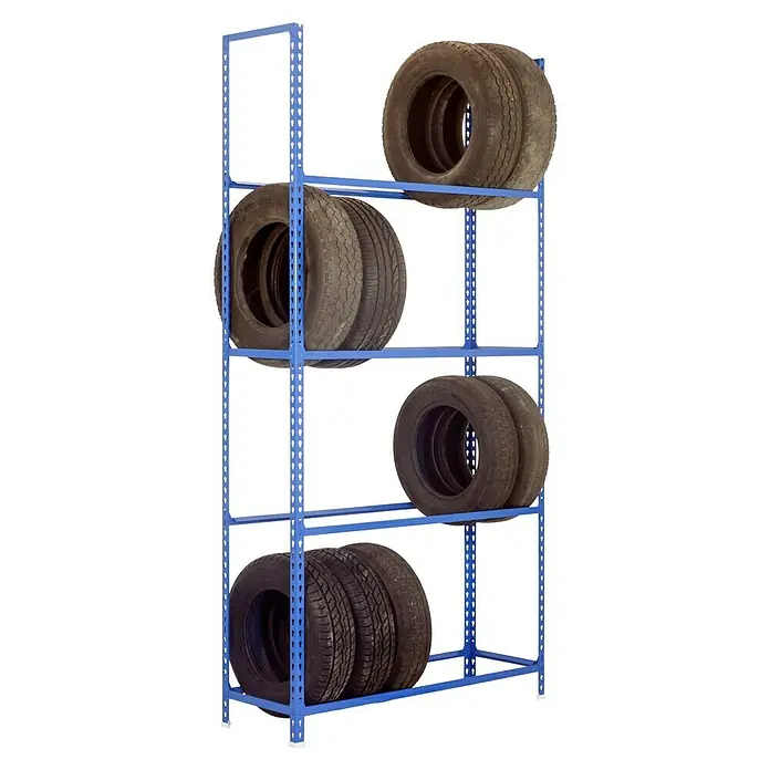 Simonrack Simonauto Reifenregal Autoclick - H x B x T: 200 x 120 x 30 cm, Anzahl Träger: 4 Stk., Stecken, Blau - Reifenregal aus blauem Metall mit vier Regalböden, auf denen Reifen unterschiedlicher Größe gelagert werden.