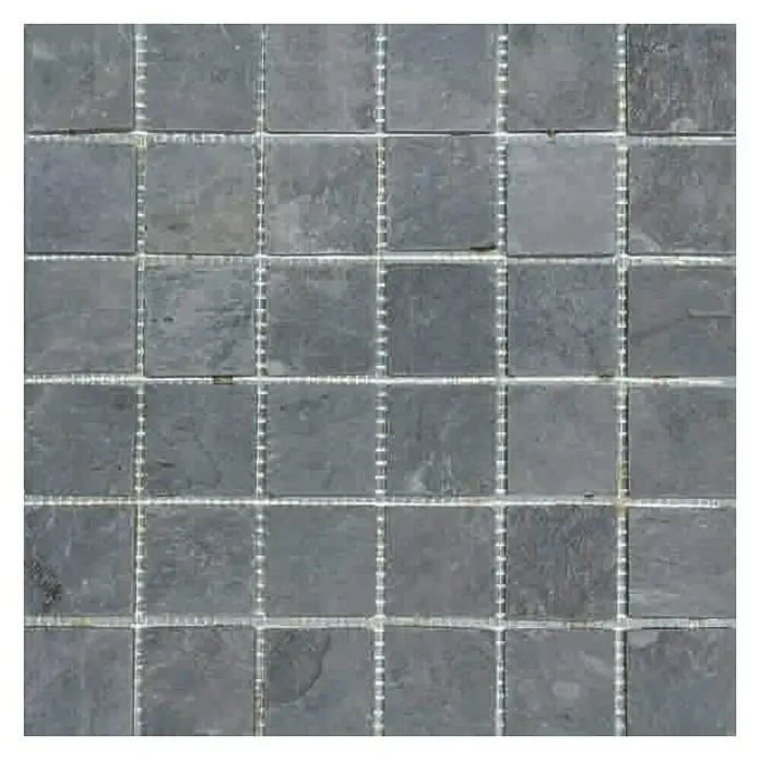 Malla mosaico Calcuta - 30 x 30 cm, Negro - Primer plano de un patrón de mosaico de pizarra cuadrada oscura con lechada gris clara, ideal para baños o cocinas.