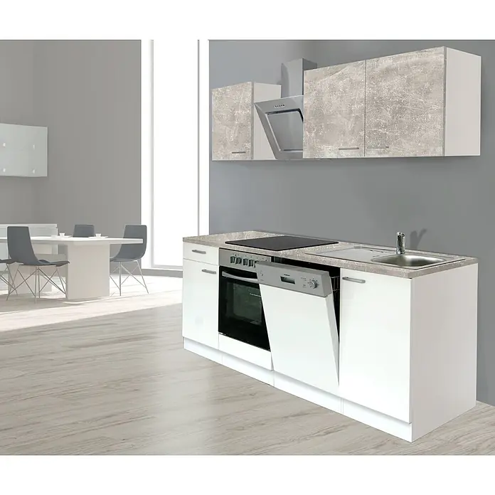 Respekta Cocina compacta Malia - Ancho: 220 cm, Blanco, Gris, Decoración encimera: Efecto cemento - Mueble de cocina moderno con gabinetes bajos blancos, encimera efecto hormigón, electrodomésticos integrados, gabinetes altos a juego y campana de acero.