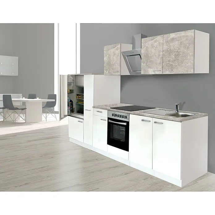 Respekta Composición de cocina Malia bajo - Ancho: 300 cm, Blanco, Gris, Con electrodomésticos - Cocina moderna blanca y gris con horno, placa, fregadero, campana y nevera integrados.