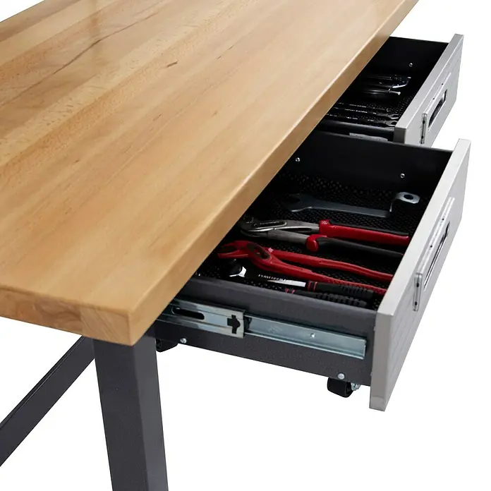 Werkbank mit Rollen - L x B: 61 x 122 cm, Arbeitshöhe: 95,5 cm, Belastbarkeit: 130 kg, Anthrazit/Silber - Werkbank mit Schubladen voller Werkzeuge, ideal für Heimwerker und Profis, die Ordnung und Funktionalität schätzen.