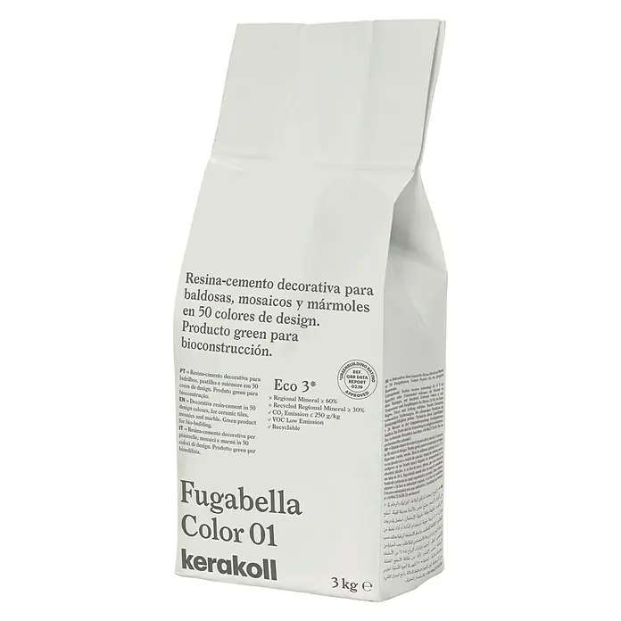 Kerakoll Mortero para juntas - cemento Fugabella - Color: 01, 3 kg - Imagen del producto Fugabella Color 01 Kerakoll, un cemento de resina decorativo para baldosas, mosaicos y mármol, producto ecológico.