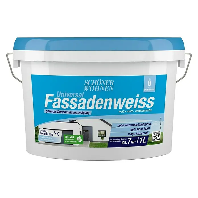 SCHÖNER WOHNEN-Farbe Dispersionsfassadenfarbe Universal Fassadenweiß - Weiß, 1 l - Dose Fassadenweiß von Schöner Wohnen Universal mit Hybrid-Technologie für langanhaltenden Wetterschutz und hohe Deckkraft.