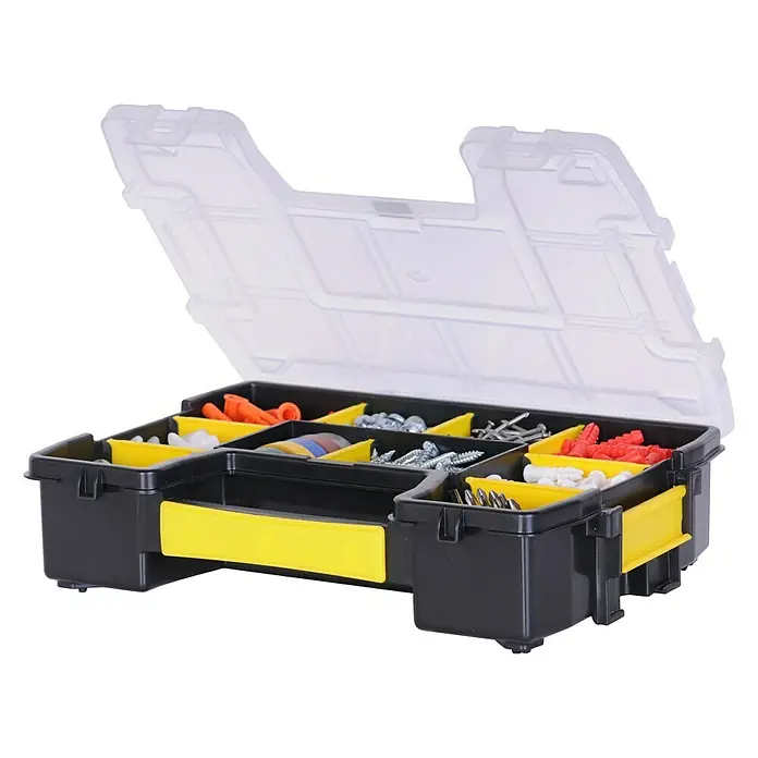 Stanley Kleinteilekoffer Sortmaster Mini - L x B x H: 210 x 290 x 63 mm, Anzahl Fächer: 10 Stk. - Sortierbox mit transparentem Deckel und verschiedenen Fächern, gefüllt mit Schrauben, Dübeln und anderen Kleinteilen. Ideal für Werkstatt und Hobby.