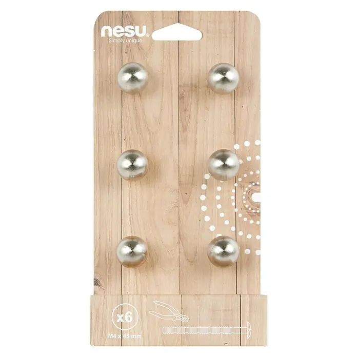 Nesu Pomo para muebles 17216 6 uds. - 6 ud., Ø x Al: 20 x 21 mm, Acero - Un paquete de seis pomos de muebles esféricos plateados de Nesu, ideales para cajones y armarios, mostrados con tornillos y alicates.